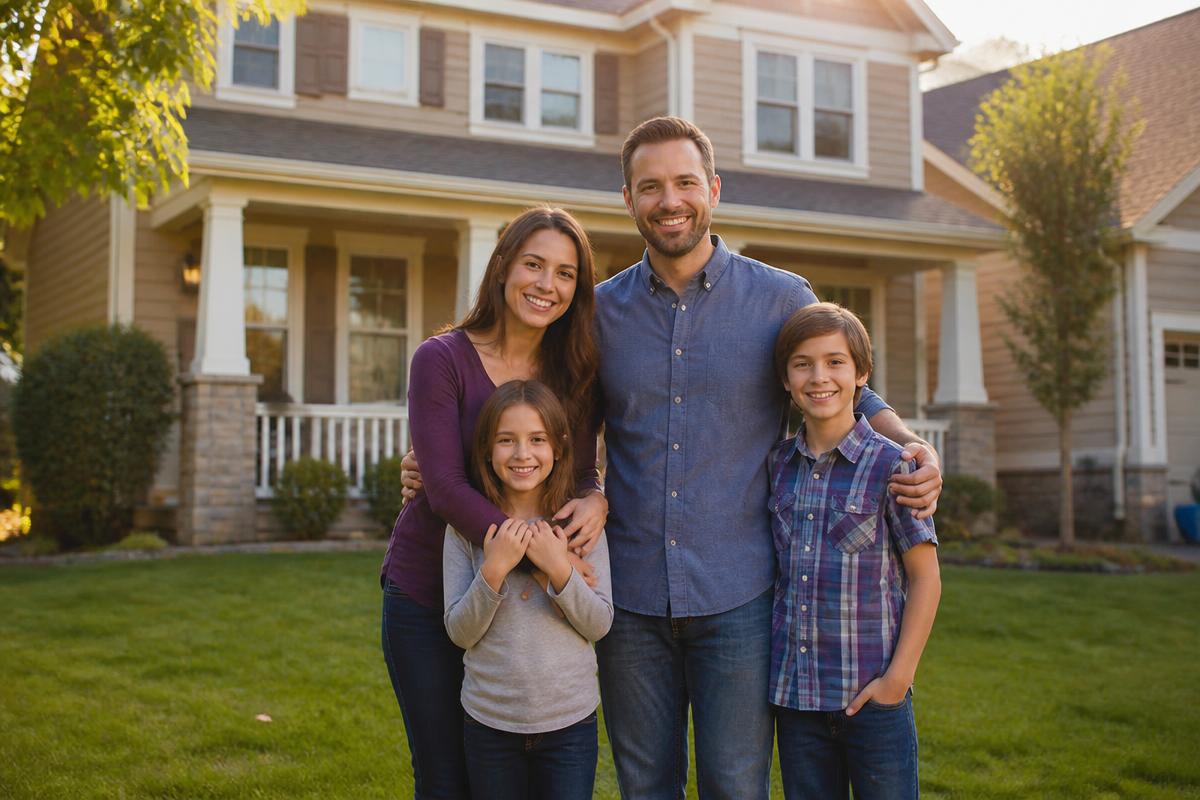Happy family protected by mortgage protection insurance outside their home