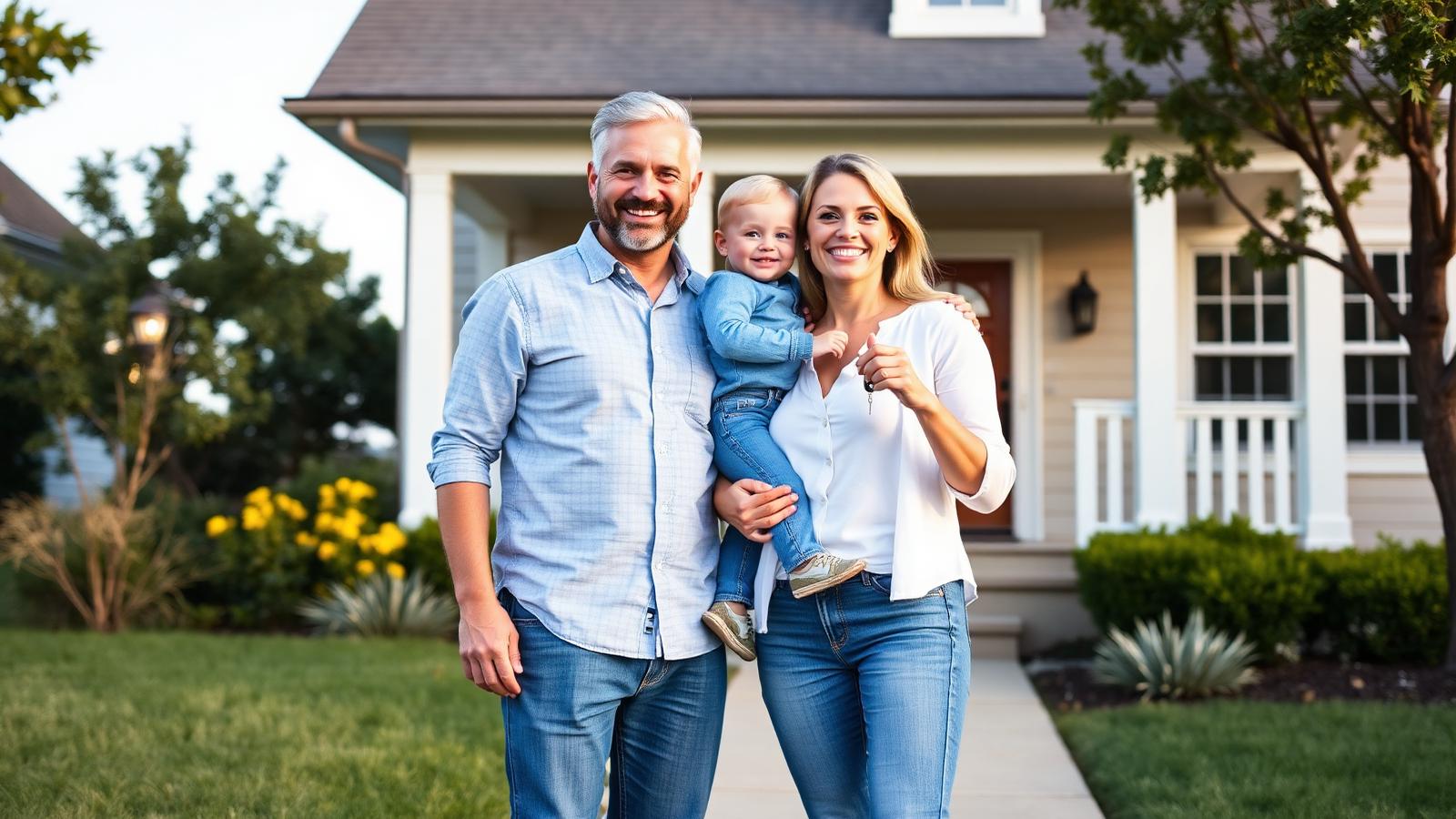 New homeowners standing with their child outside their home